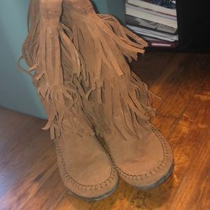 Brown Moccasin Boots with Fringe